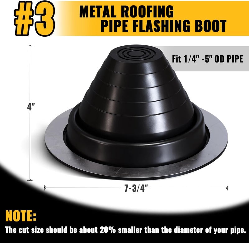 VIVIDA #3 EPDM Metal Roof Pipe Flashing Boot, Flexible Roof Jack Boot for Pipe OD 1/4" to 5", Screws & Hex Socket Included, Black, 1 Pack - Image 4